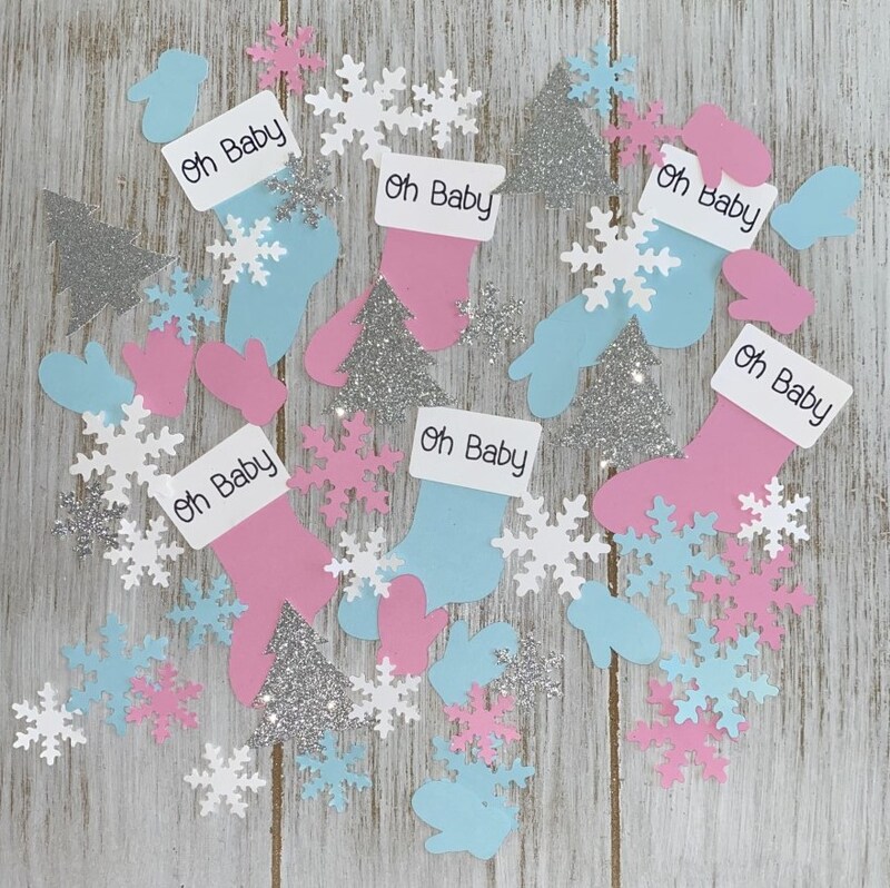 Gender Reveal Winter Baby Shower Decorations Snowflakes Christmas Socks and Mitten Confetti Holiday party
